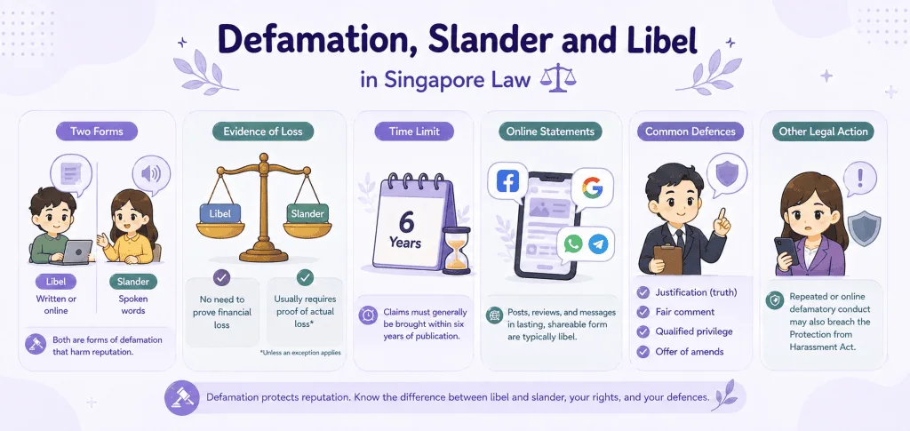 infographic article about defamation, slander, libel in singapore law