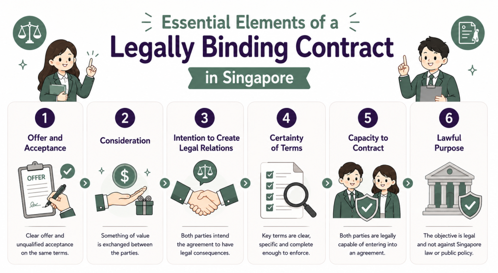 infographic about essential element of a contract legally binding in singapore