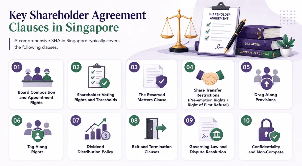infographic about key shareholder agreement clauses in singapore